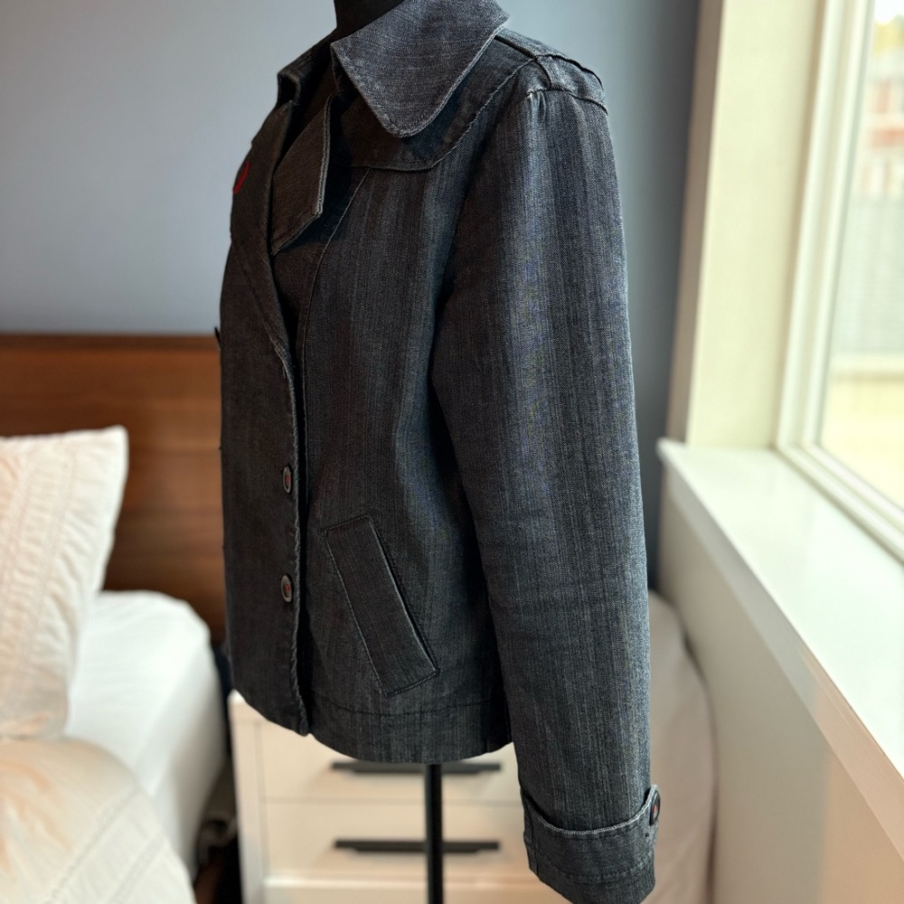 LOFT Vintage Dark Wash Denim Style Double-Breasted Pea Coat with Pockets - Picture 4 of 17